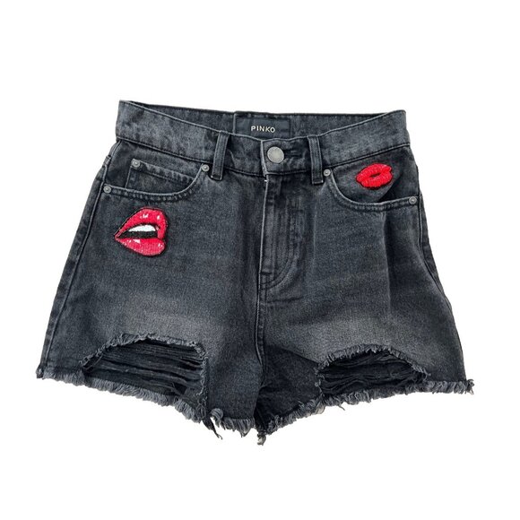 Pinko Black Limousine Gina Denim Shorts Sequin Lips ( 26 ) - Picture 4 of 5